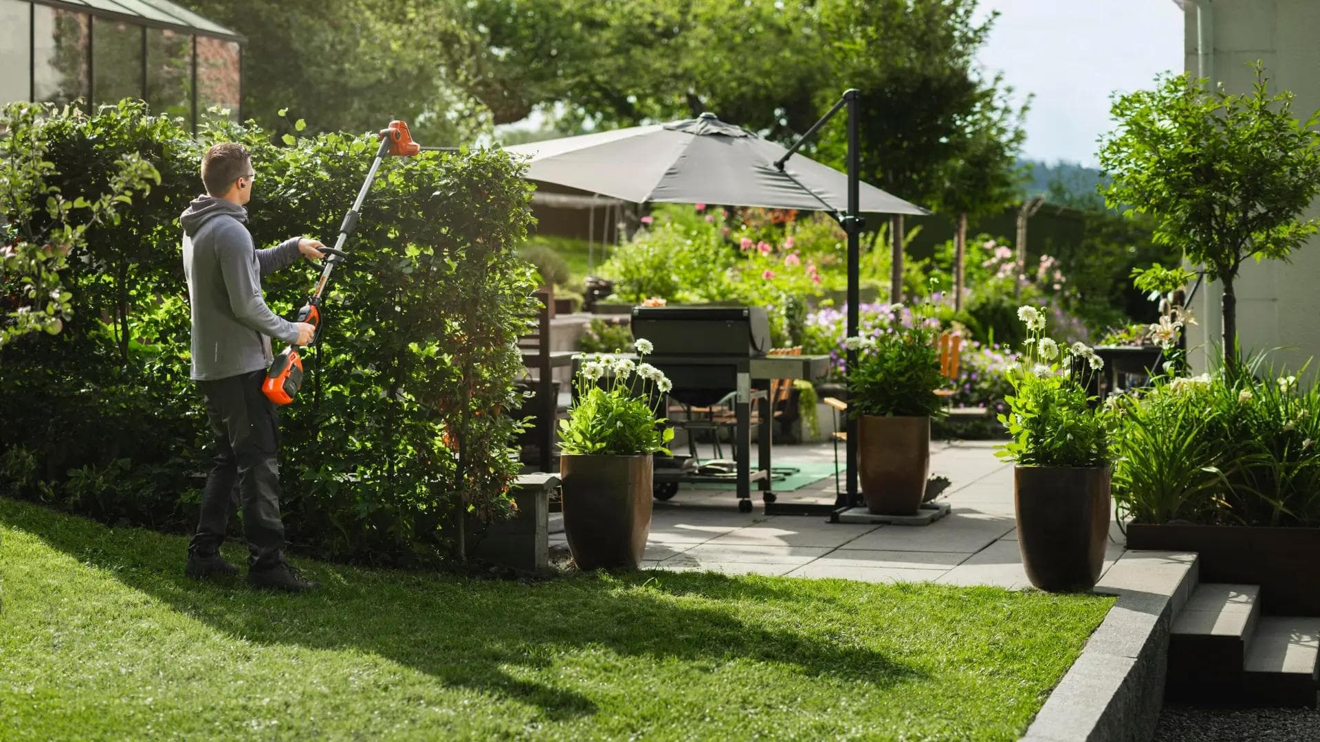 man trimming hedges in spring backyard