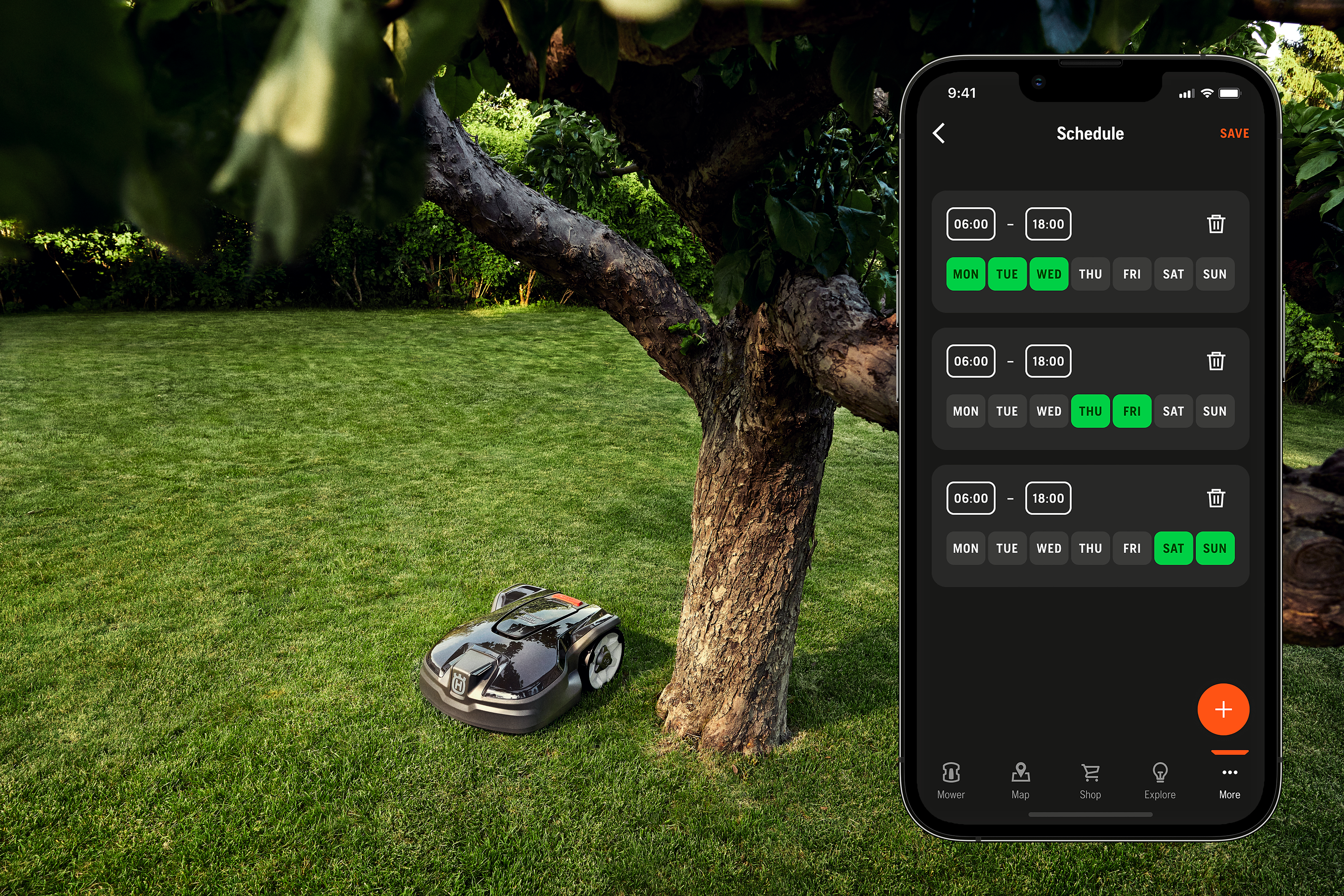 Enjoy the convenience of remote control from your smartphone with the Husqvarna Automower® Connect app. Among other things, you can manage and monitor your Husqvarna robotic lawn mower, change settings, and get easy access to information and tips that make lawn maintenance carefree. Cellular, Wi-Fi and Bluetooth connectivity available, dependent on model. image